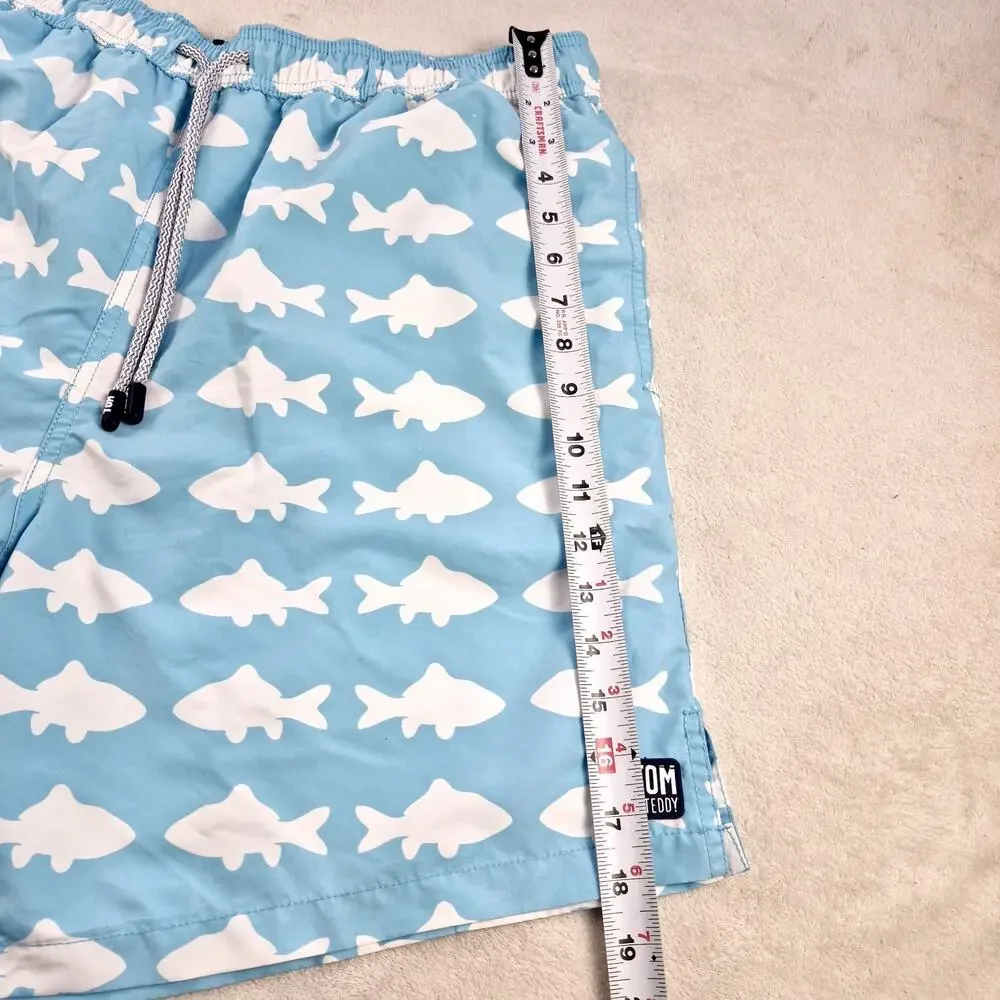 Tom & Teddy Mens XL Soft Blue & White Fish Mesh Lined Drawstring Swim Shorts